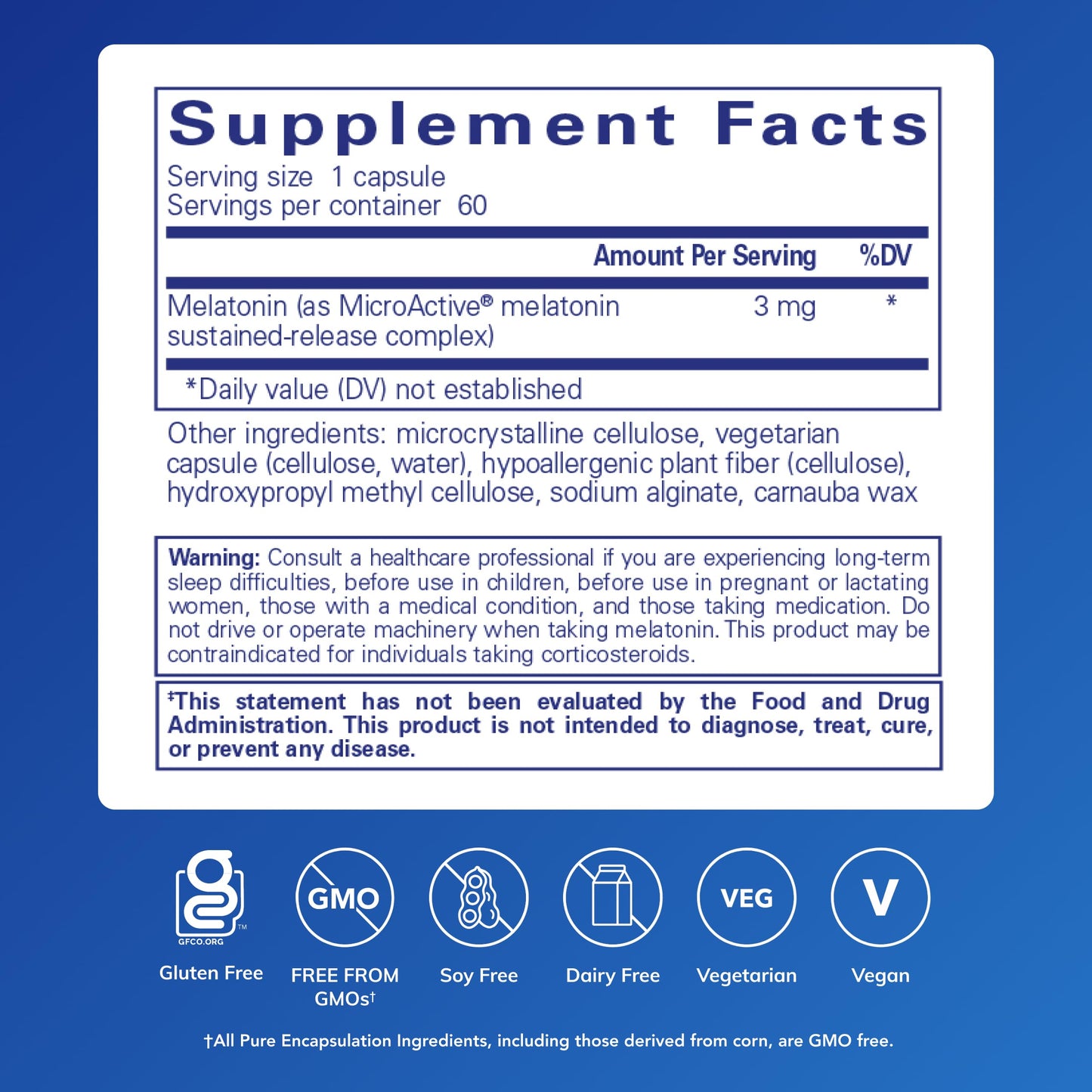 Pure Encapsulations Melatonin-SR side label showing supplement facts and MicroActive melatonin details