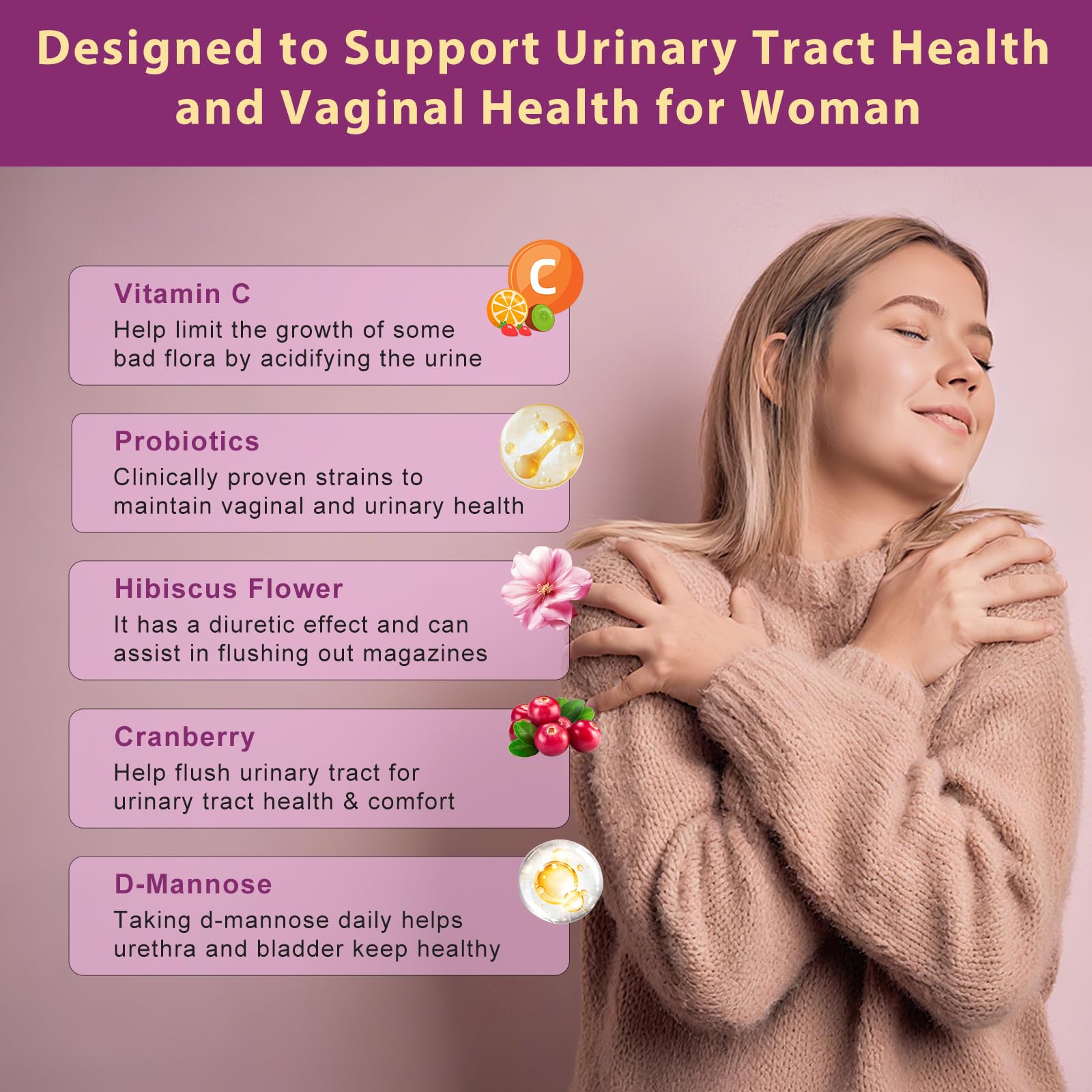 DRFOSTER pH balance capsules highlighting D-Mannose and cranberry benefits