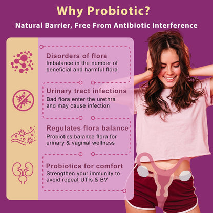 DRFOSTER multi-strain probiotics for women showing shelf-stable feature details