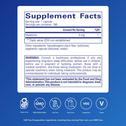 Pure Encapsulations Melatonin supplement facts label showing 3 milligrams dosage