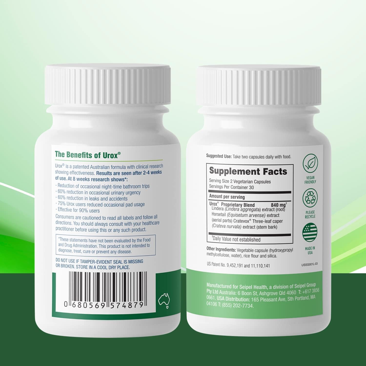 Side angle view of natural bladder support packaging highlighting patented Cratevox herbal extract ingredients