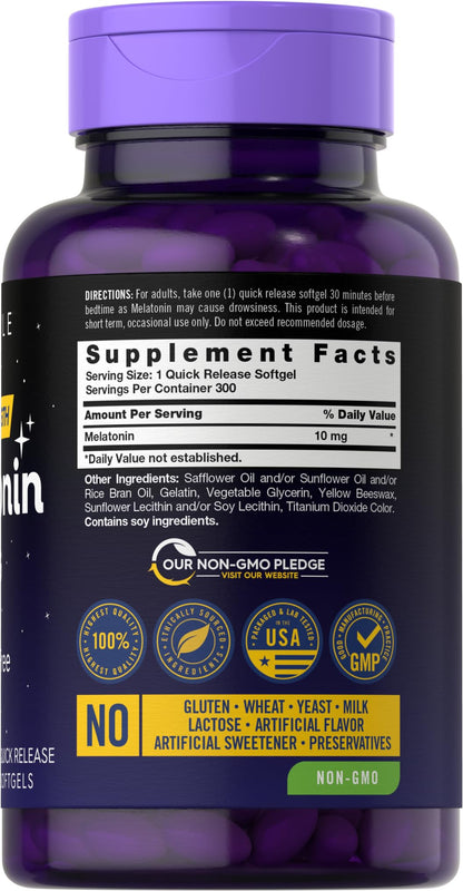 Carlyle Nutritionals Melatonin 10mg supplement bottle showing non GMO and gluten free labels