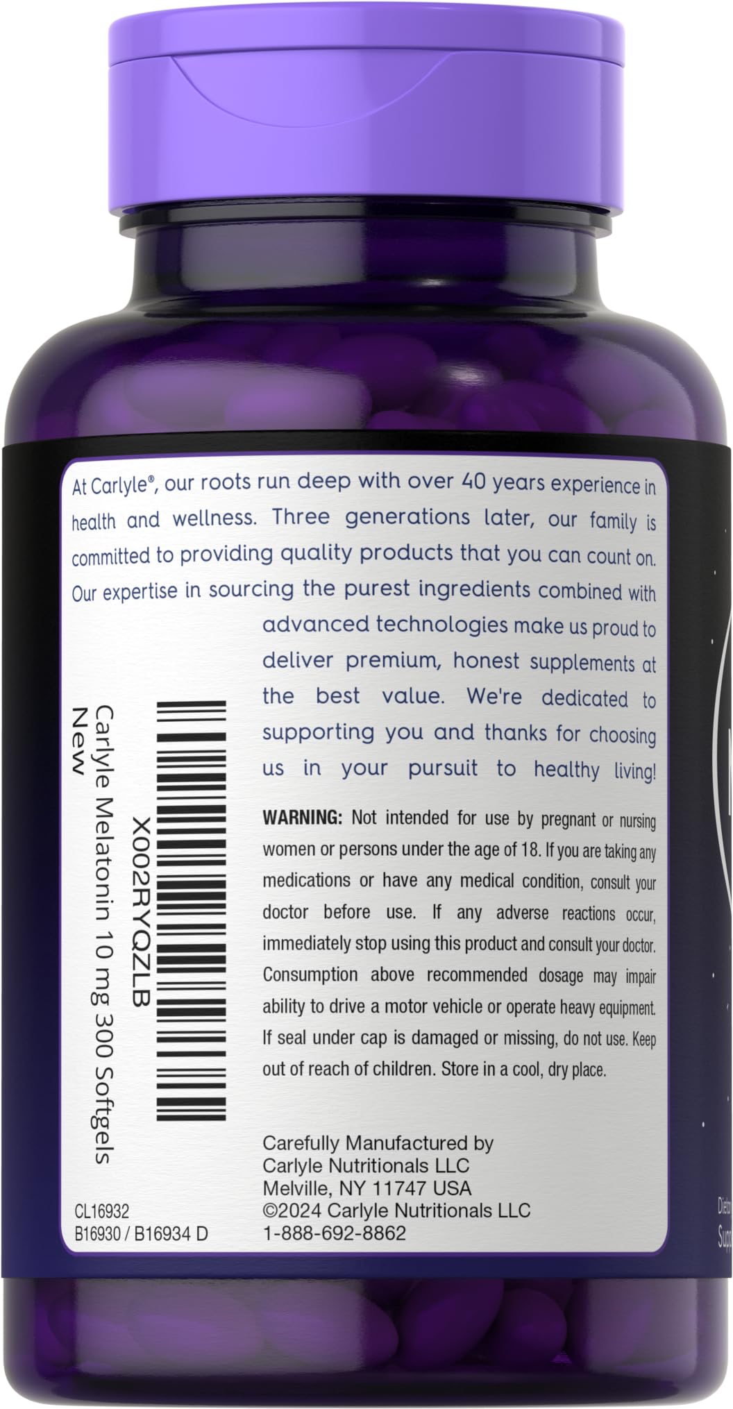 Back label of Carlyle Melatonin 10mg showing ingredients list and serving directions for adults