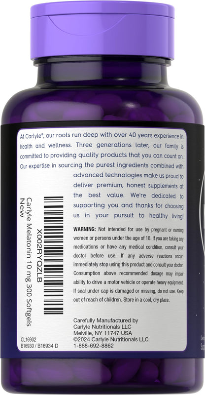 Back label of Carlyle Melatonin 10mg showing ingredients list and serving directions for adults