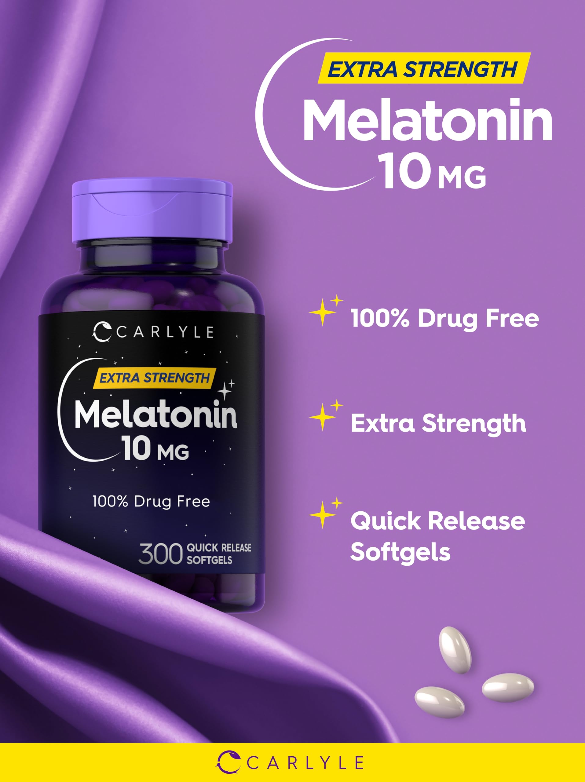 Quick release liquid softgels of Carlyle Melatonin extra strength sleep support displayed next to bottle