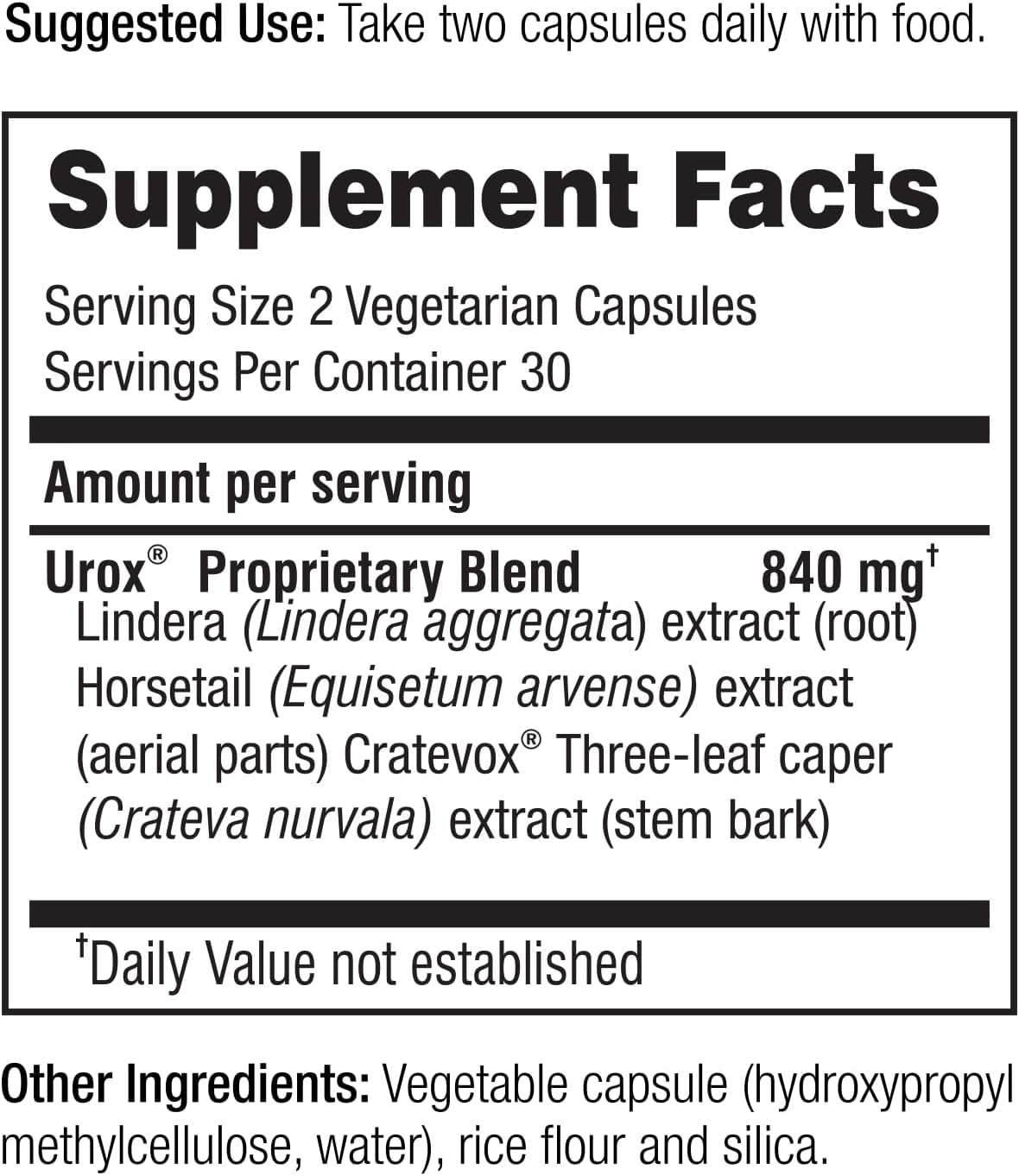 Clear product shot of botanical urinary care formula highlighting its drug free and gluten free composition