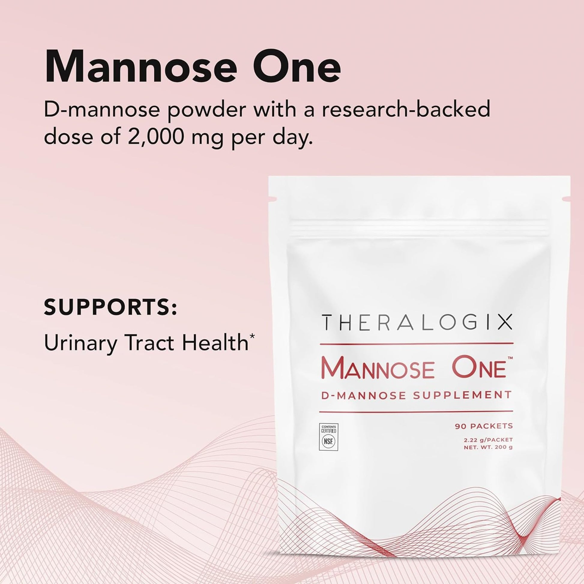 Theralogix Mannose One unflavored supplement powder box detailing the NSF International certification seal.
