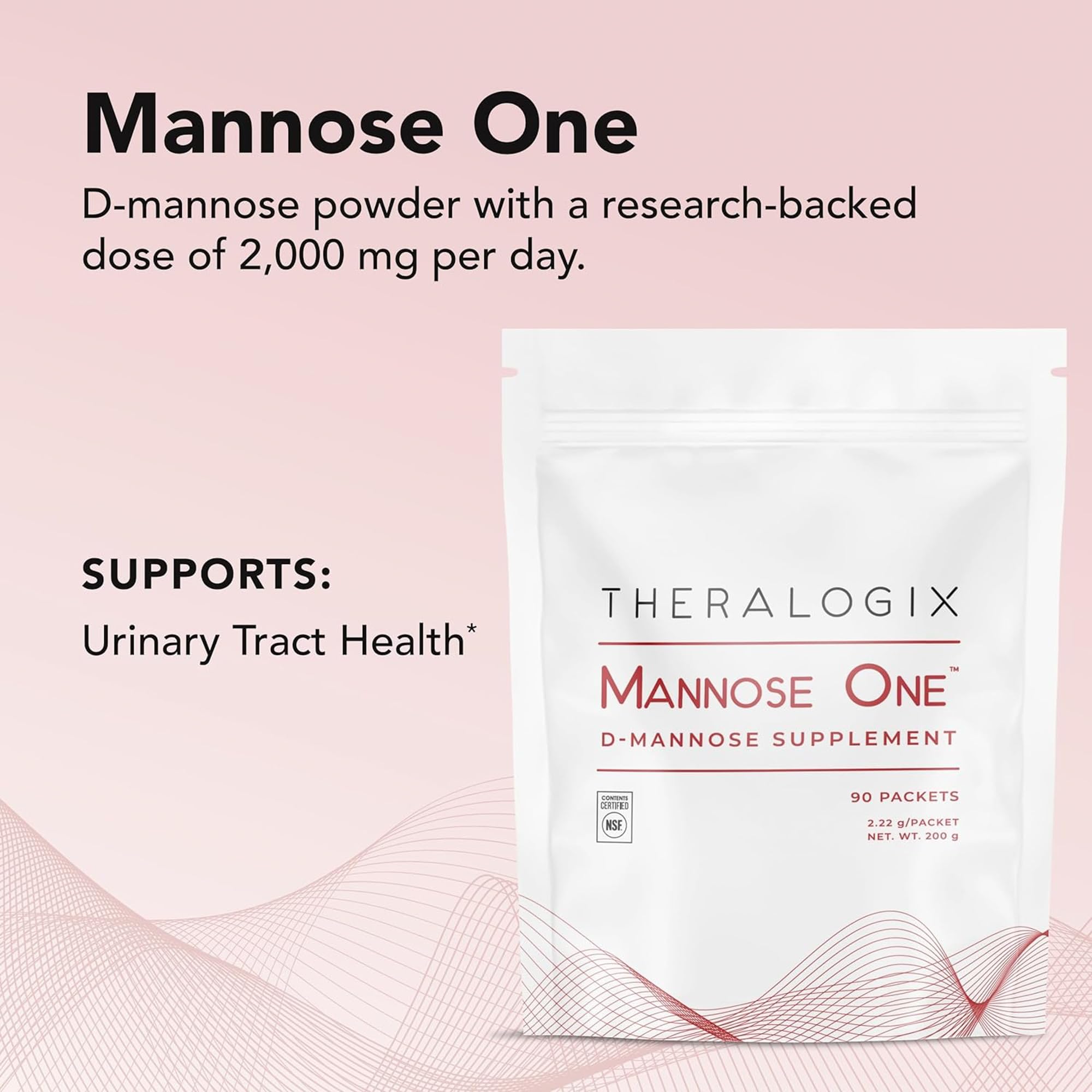 Theralogix Mannose One unflavored supplement powder box detailing the NSF International certification seal.