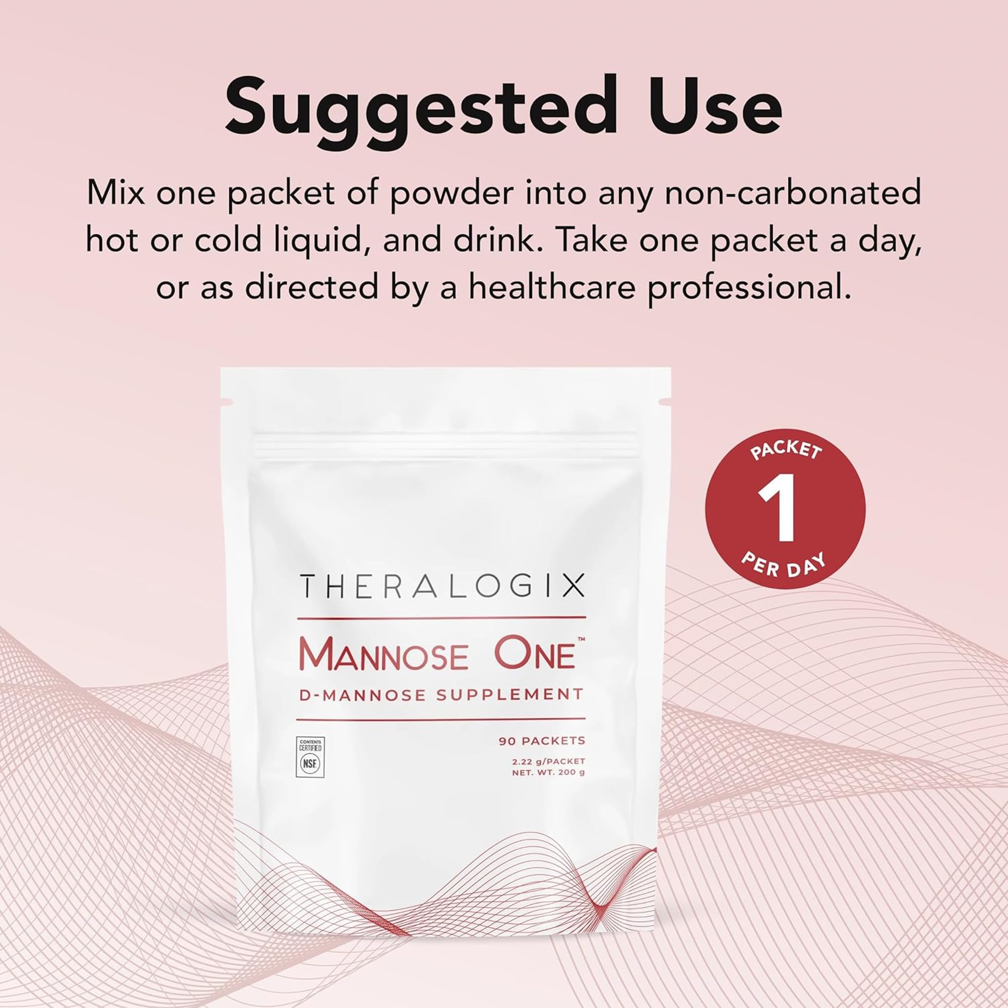 Side view of authentic Theralogix D-Mannose powder packaging highlighting the dye-free and vegan ingredients list.