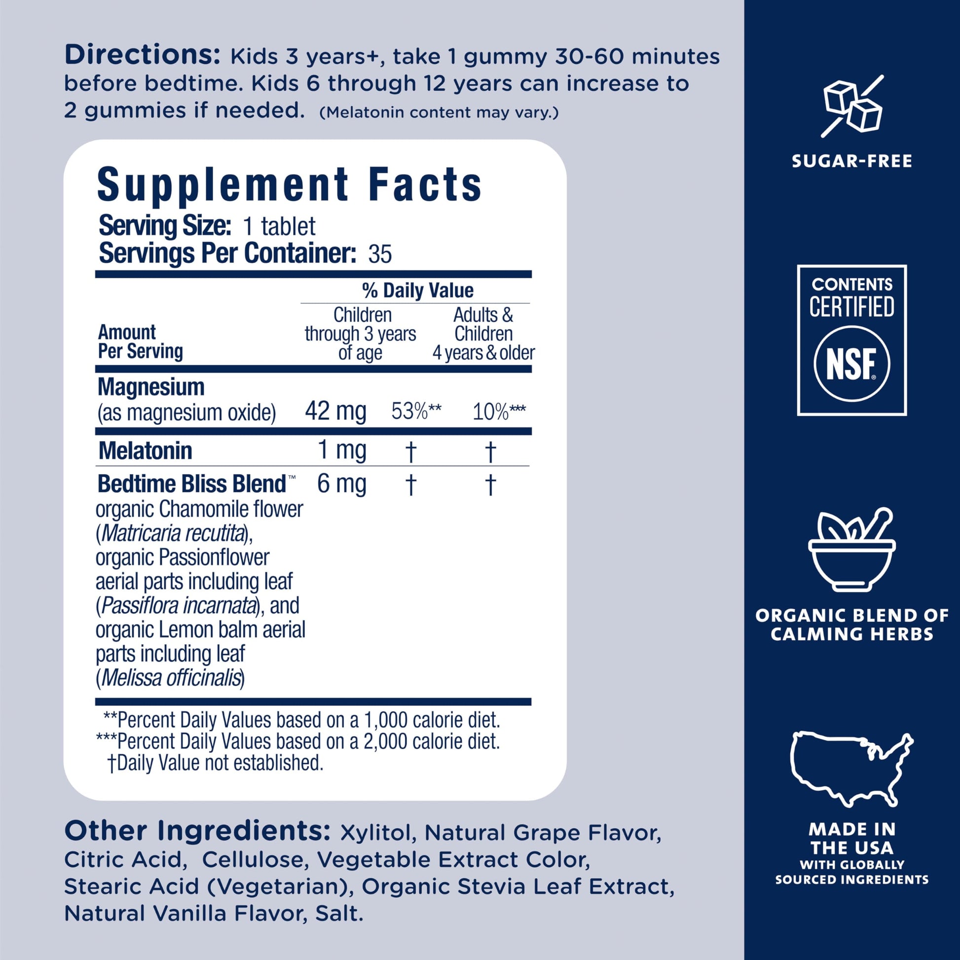 Nutritional facts panel on Mommy's Bliss Kids Sleep magnesium tablets