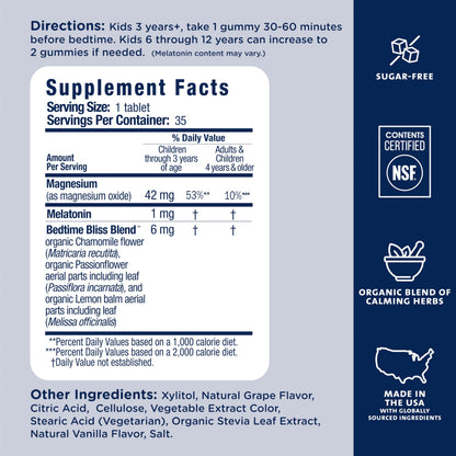 Nutritional facts panel on Mommy's Bliss Kids Sleep magnesium tablets
