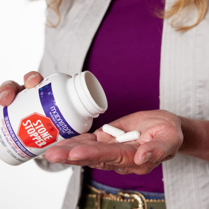 Urologist developed Moonstone Stone Stopper container indicating ninety day supply for daily kidney care