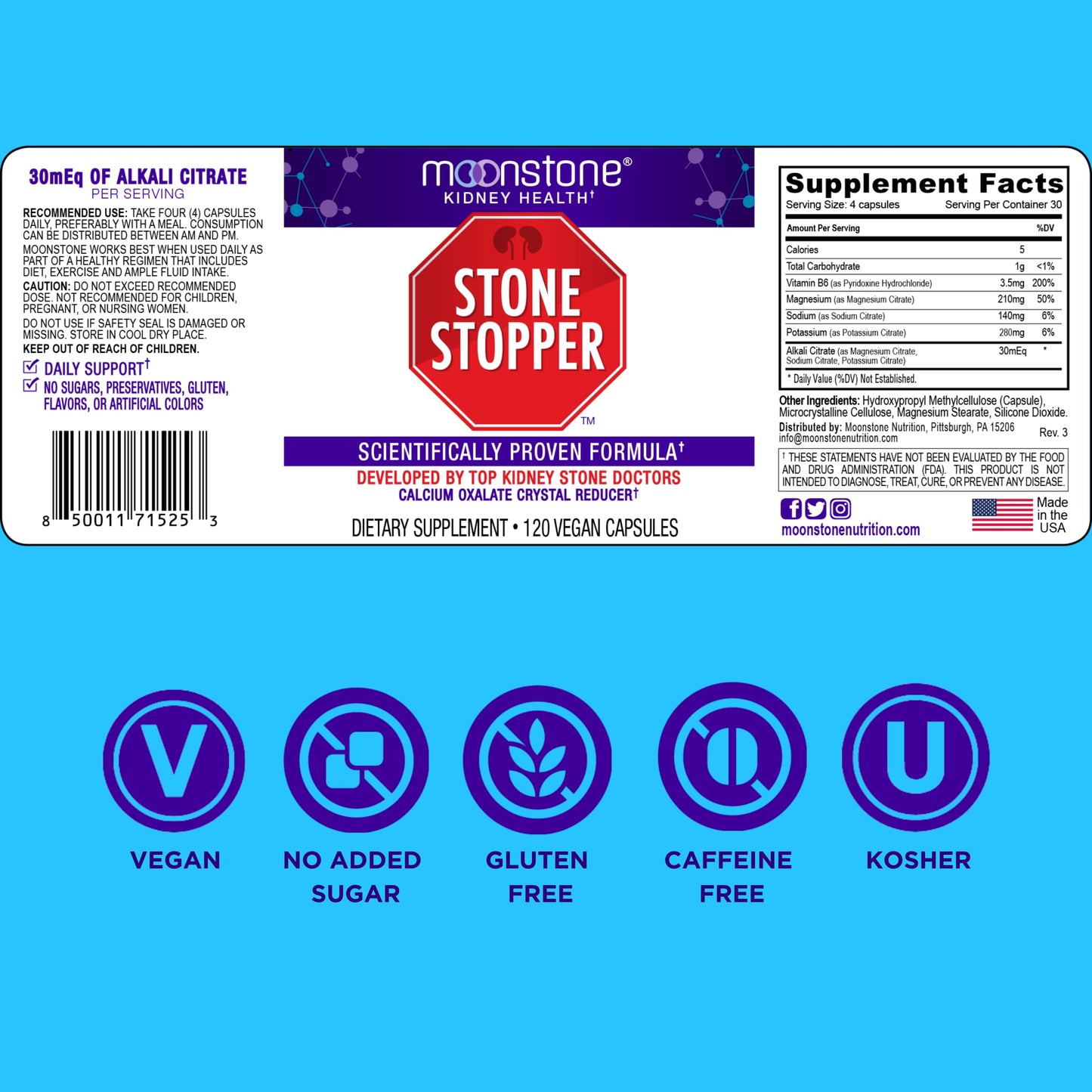 Moonstone Stone Stopper three hundred and sixty capsules presentation showing full packaging layout