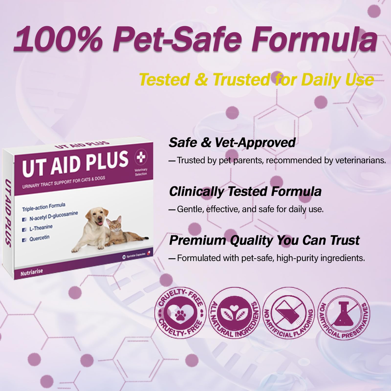 Nutriarise antibiotic free incontinence prevention supplement bottle for domestic pets