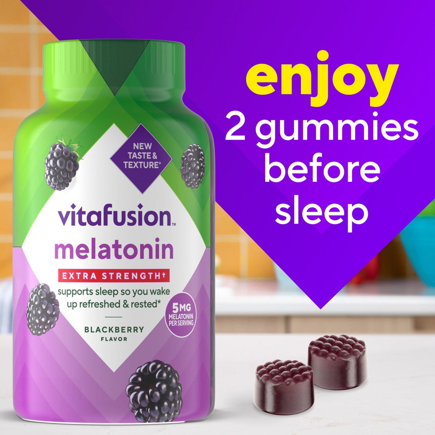 Premium Vitafusion sleep aid 120 count bottle close up