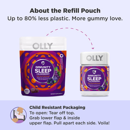 Authentic USA sourced OLLY immunity sleep 60 count bottle packaging highlighting drug free formula