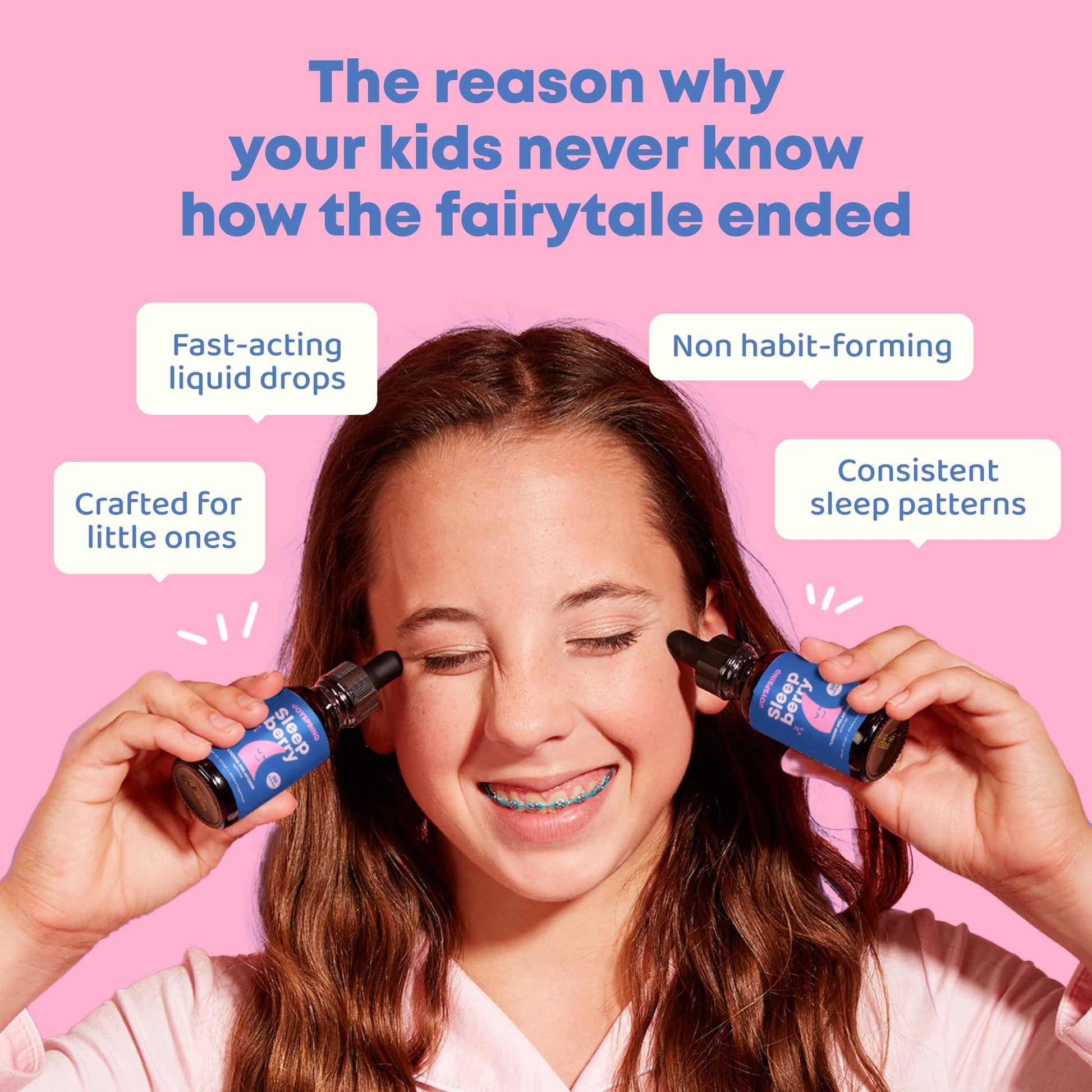 JoySpring Sleepberry liquid sleep aid dropper showing the berry flavored fluid format for kids travel