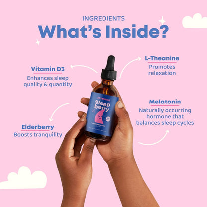 JoySpring Sleepberry liquid drops displayed next to fresh elderberries highlighting immune system benefits