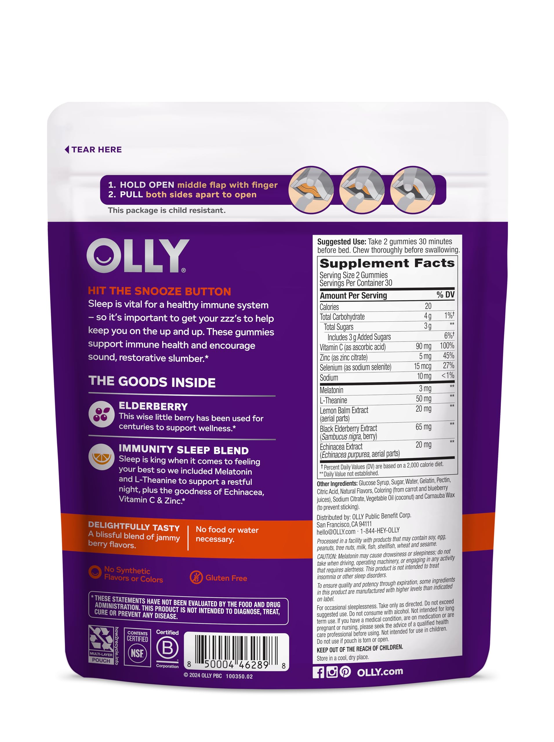 Premium imported OLLY wellness product container displaying complete nutritional facts and directions