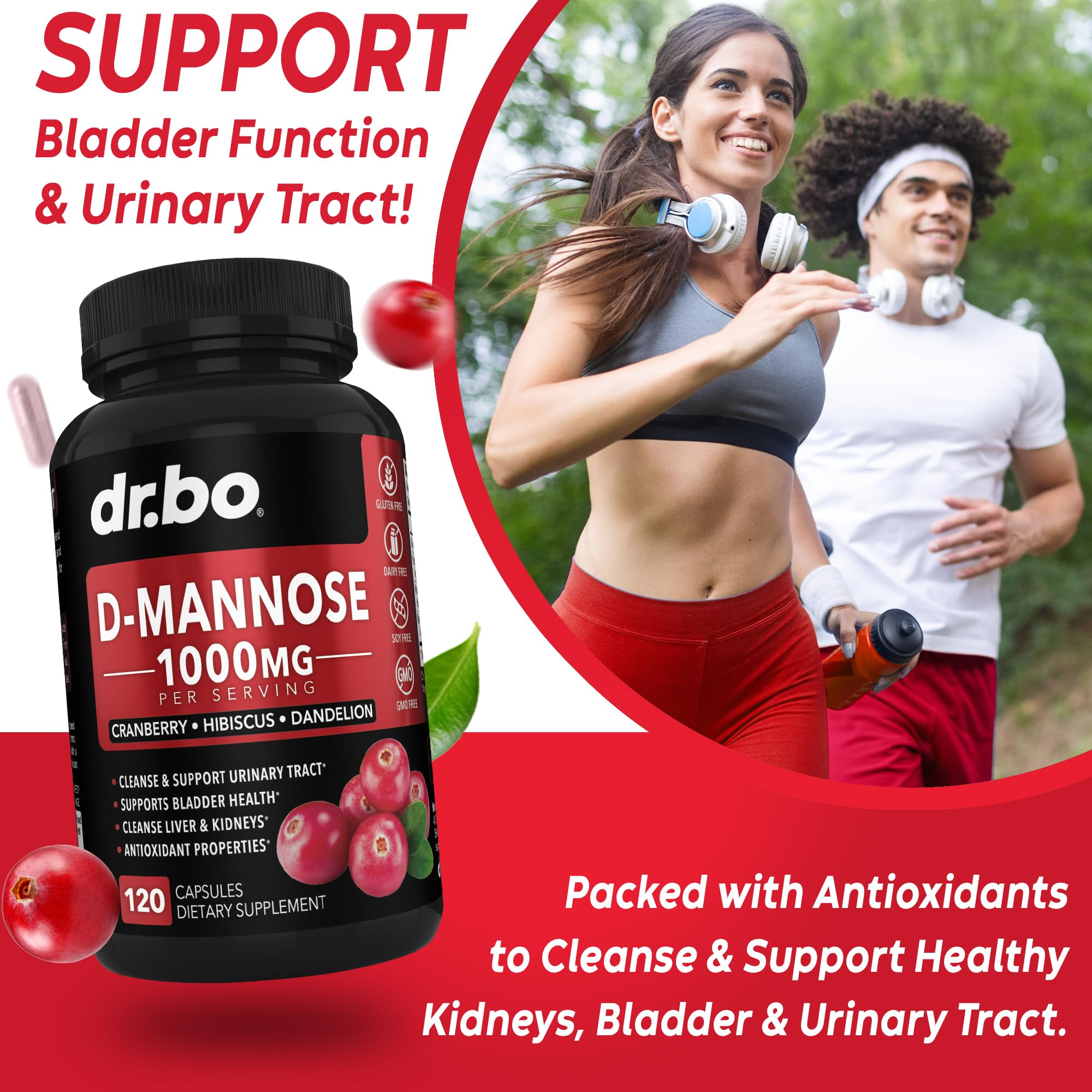 Dr. Bo Cranberry DMannose pills with hibiscus and dandelion ingredients