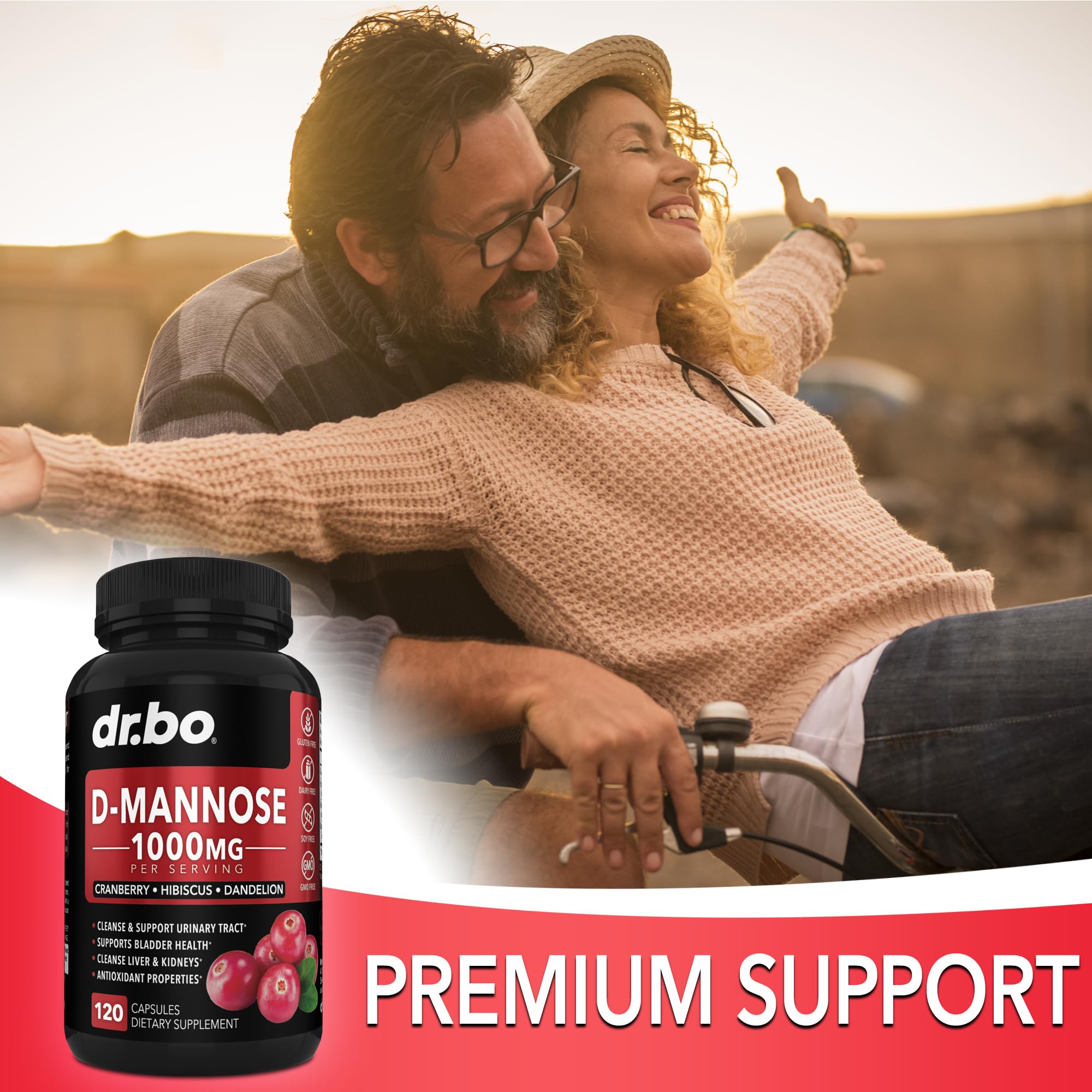 Dr. Bo natural D-Mannose capsules showing plant based formulation icons