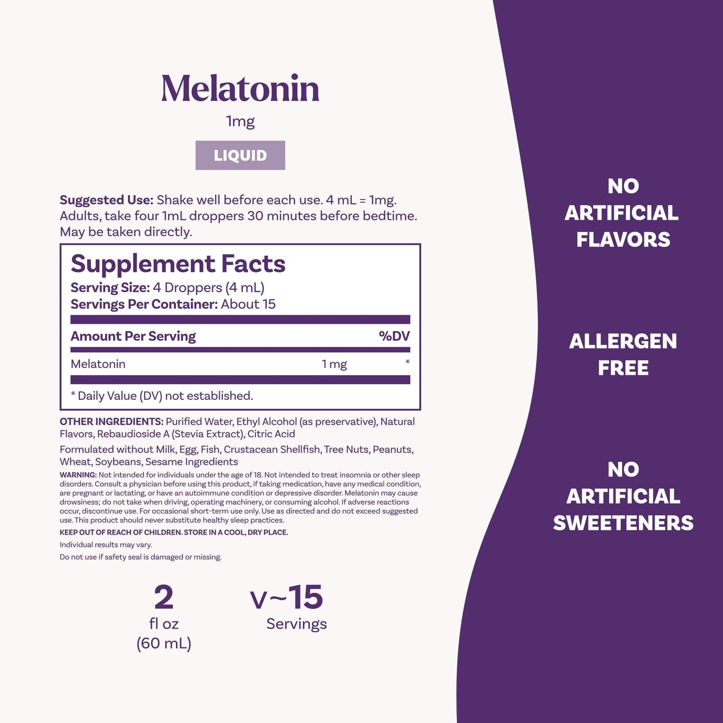 Natrol Liquid Melatonin sixty milliliter travel friendly bottle dimensions side angle view