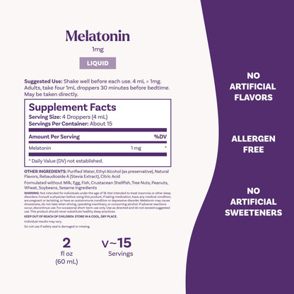 Natrol Liquid Melatonin sixty milliliter travel friendly bottle dimensions side angle view