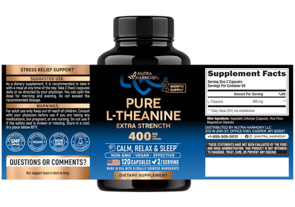 Nutraharmony L Theanine 400mg dietary supplement side label displaying ingredients and clear serving size information.