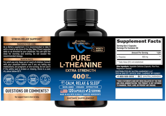 Nutraharmony L Theanine 400mg dietary supplement side label displaying ingredients and clear serving size information.