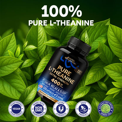 Nutraharmony L Theanine plant based stress relief formula showing 120 vegan capsules bottle for relaxation.