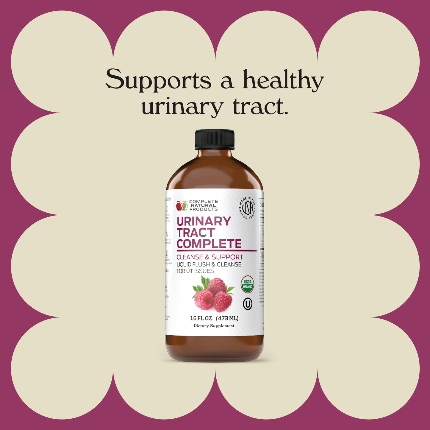 Back label of USA imported liquid supplement displaying USDA organic ingredients