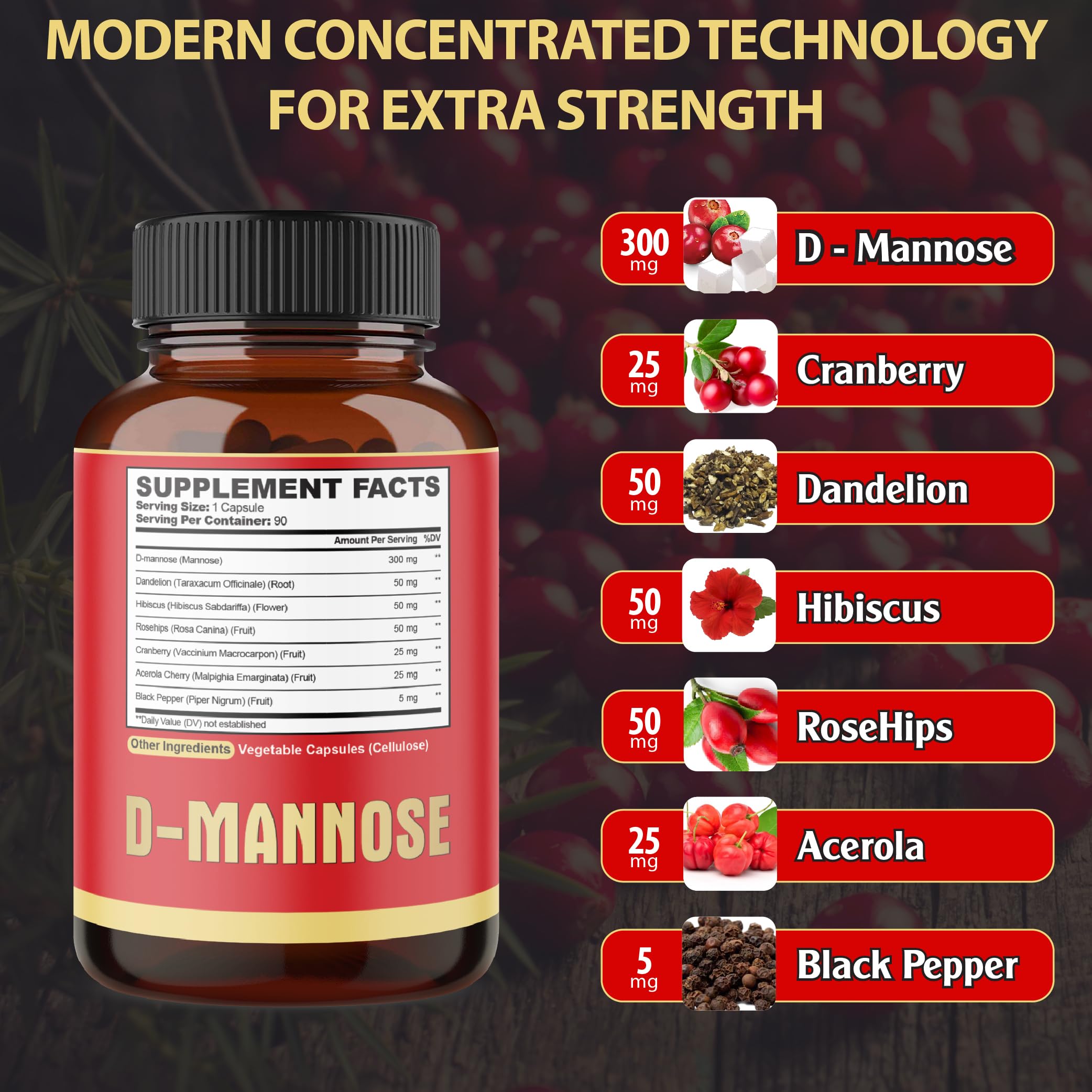 Agobi D-Mannose supplement bottle highlighting the cranberry, dandelion, and hibiscus ingredients.