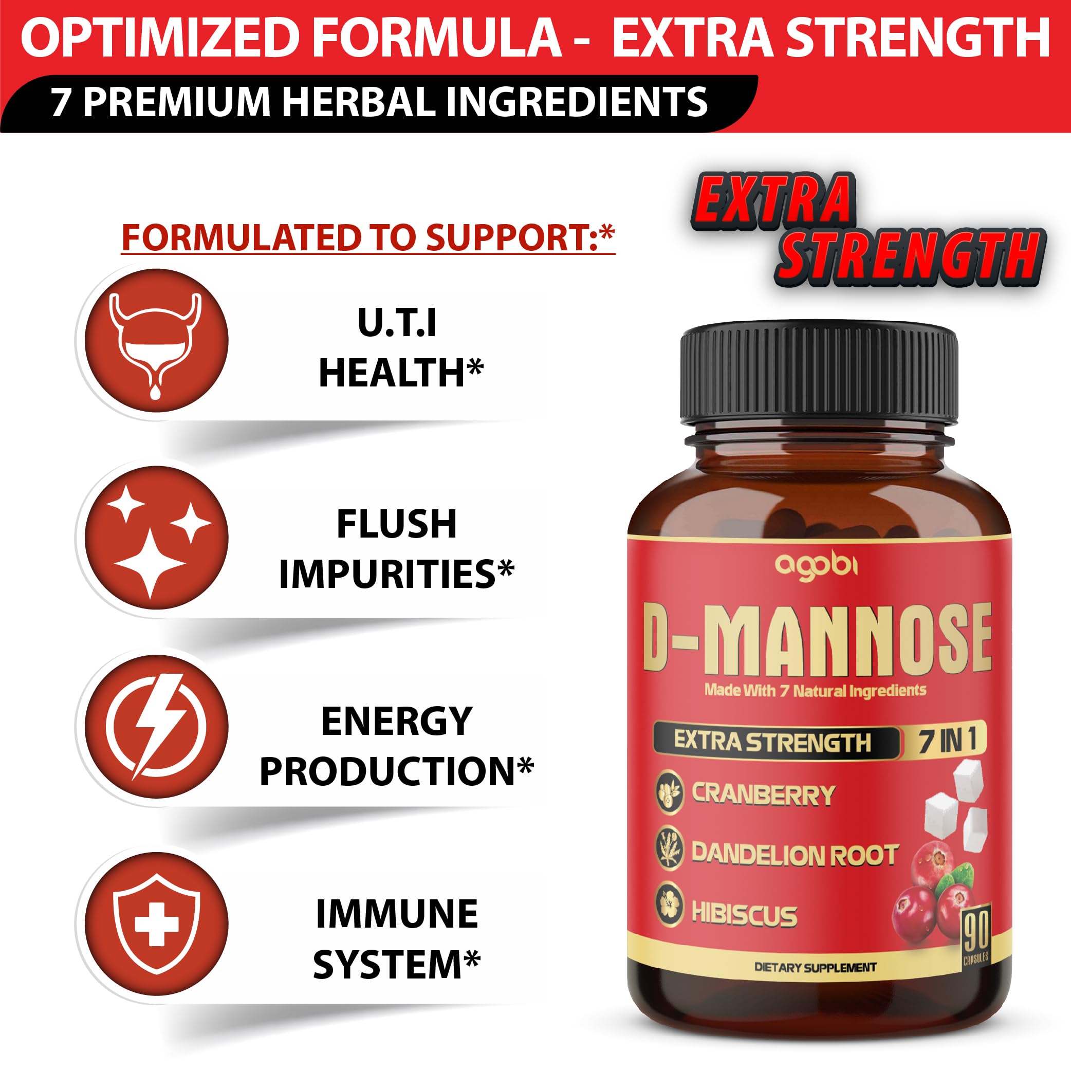 Side view of Agobi D-Mannose 90 vegan capsules packaging detailing supplement facts and directions.