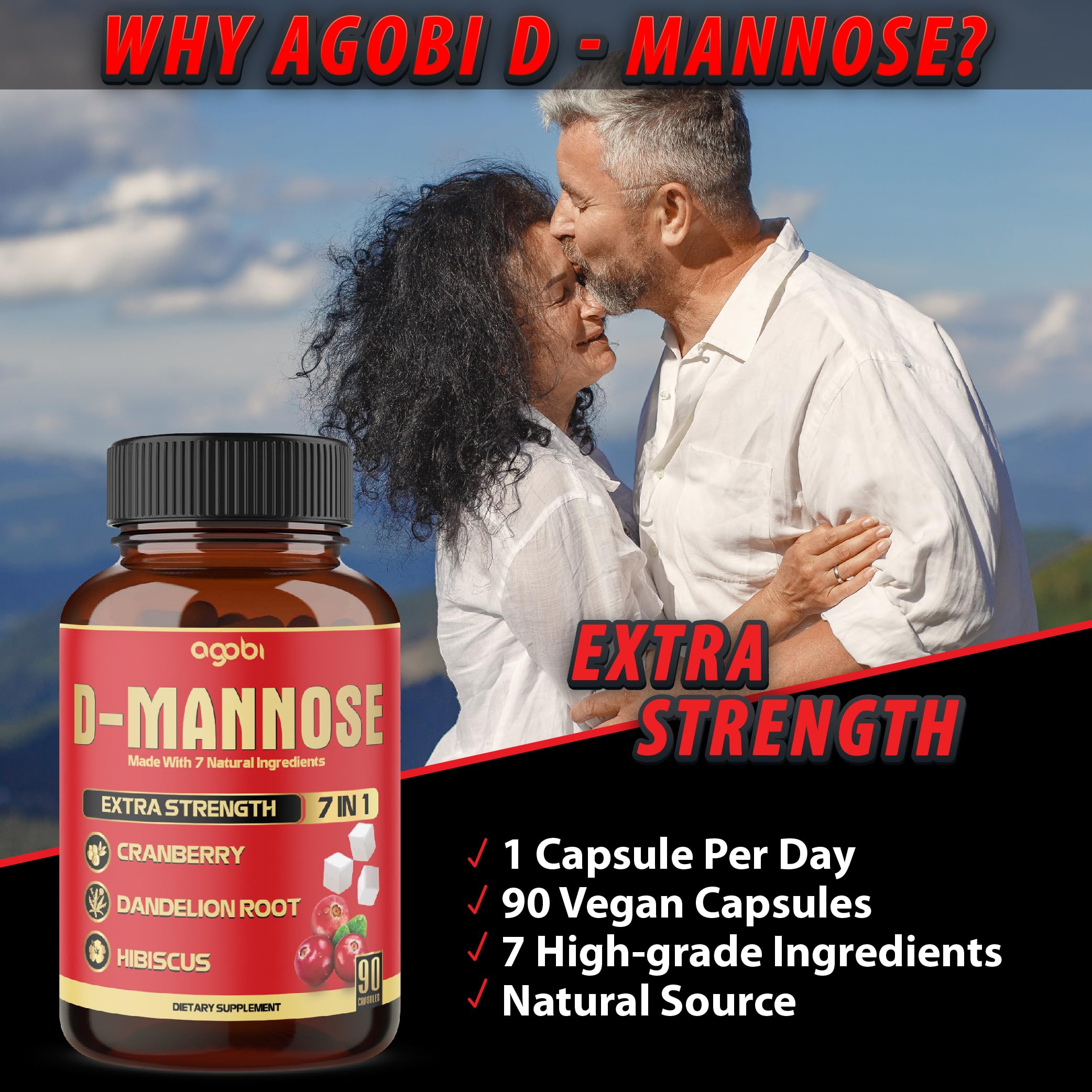 Agobi D-Mannose plant-based capsules displayed next to the authentic imported product bottle.