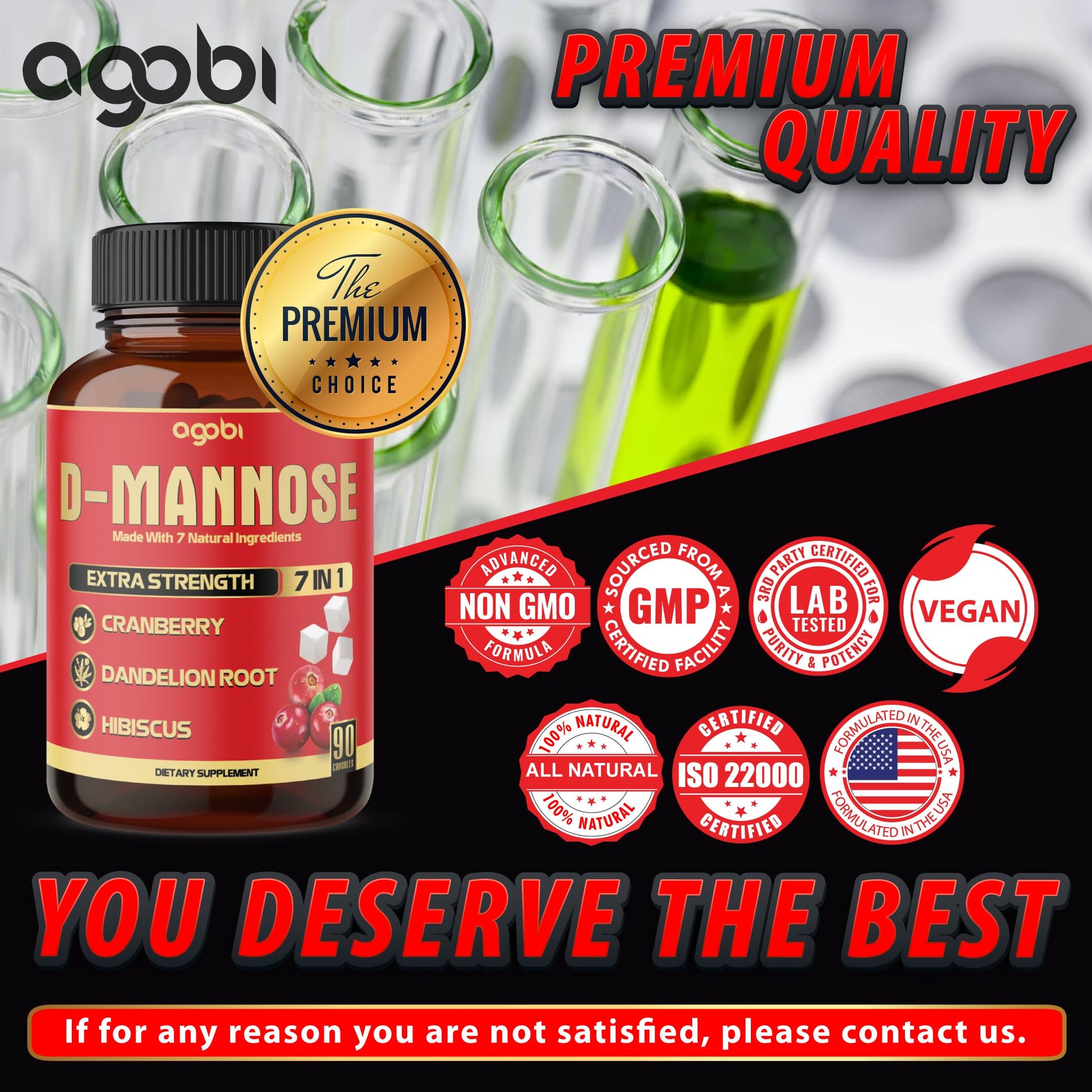 Back label view of Agobi D-Mannose showing the full list of ingredients including rosehips and black pepper.