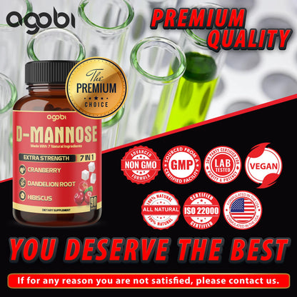 Back label view of Agobi D-Mannose showing the full list of ingredients including rosehips and black pepper.
