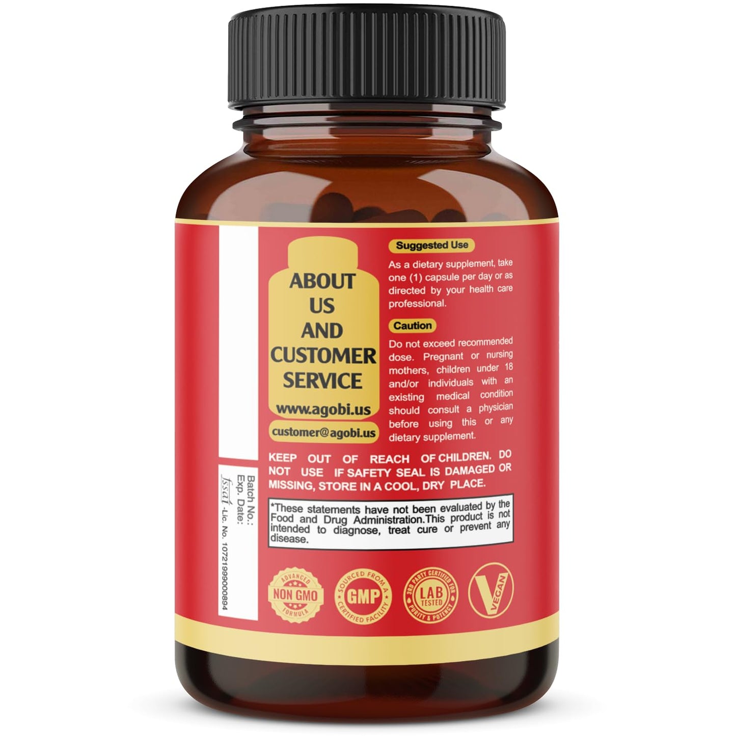 Agobi D-Mannose vegan capsules showing the non-GMO and gluten-free certification seals on the bottle.