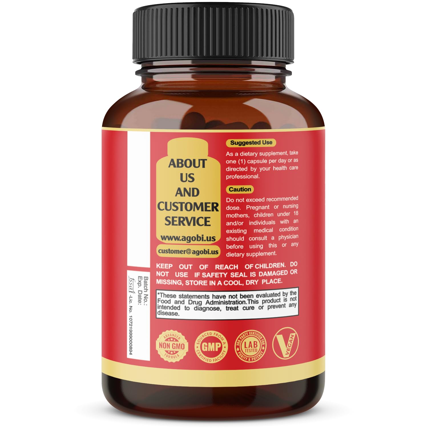 Agobi D-Mannose vegan capsules showing the non-GMO and gluten-free certification seals on the bottle.
