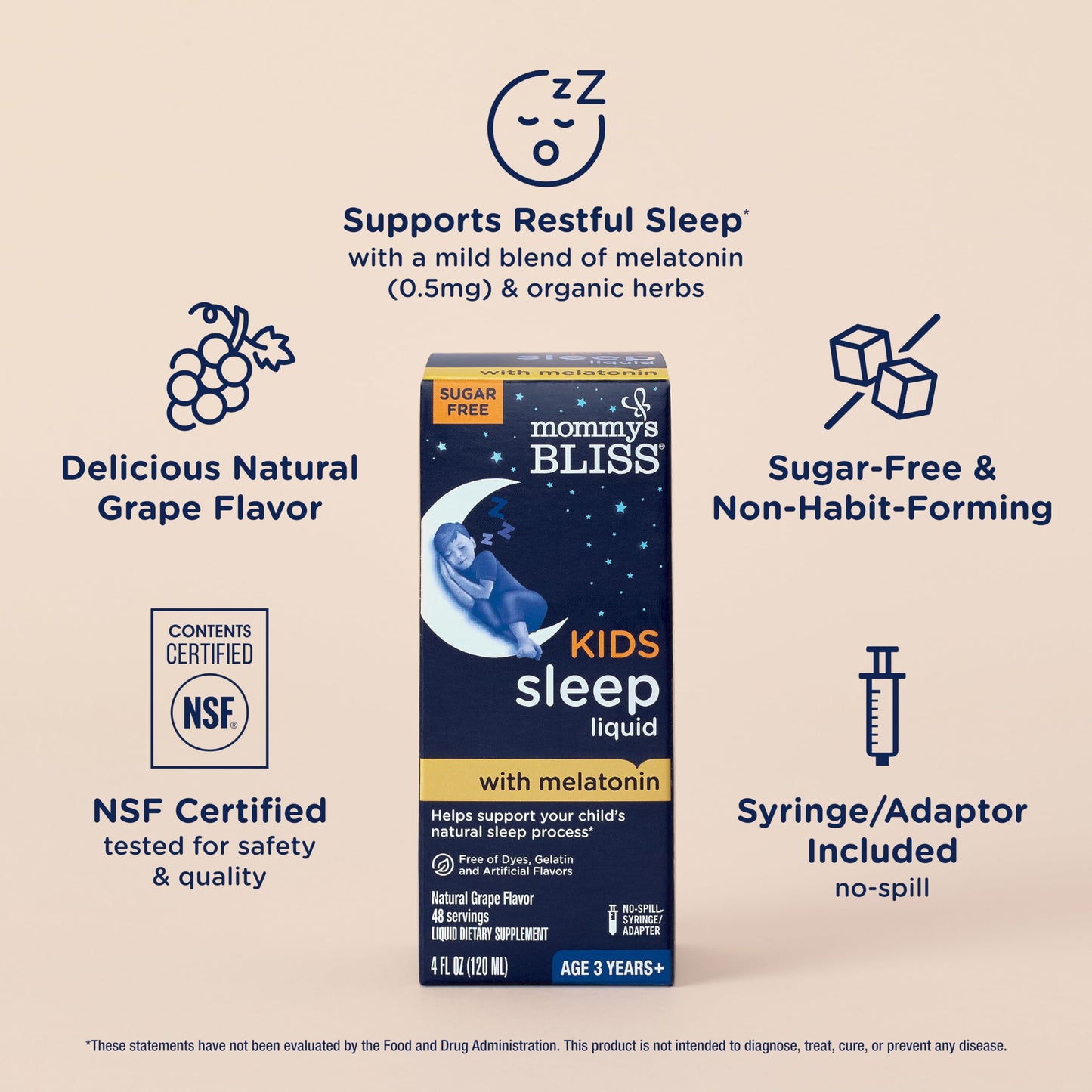 Side view of Mommy's Bliss Kids Sleep supplement box displaying age recommendations