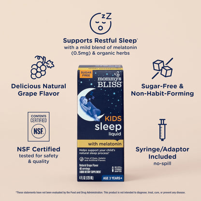 Side view of Mommy's Bliss Kids Sleep supplement box displaying age recommendations