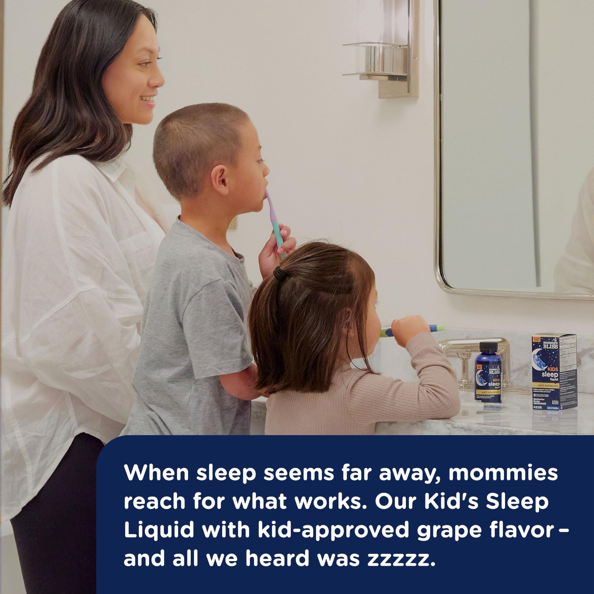 Close up of the sugar free sleep liquid bottle with included no spill syringe