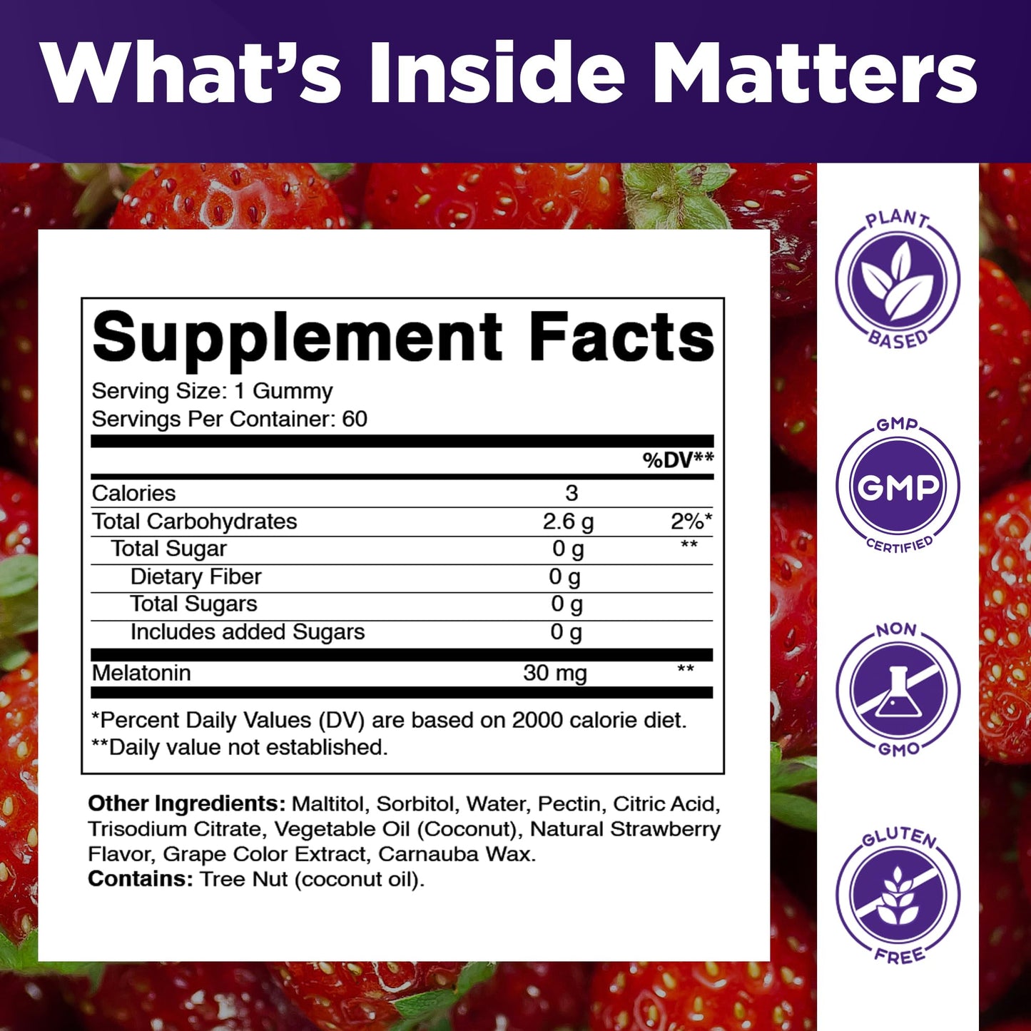 Vitamatic extra strength melatonin gummies natural strawberry flavor supplement details
