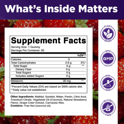 Vitamatic extra strength melatonin gummies natural strawberry flavor supplement details