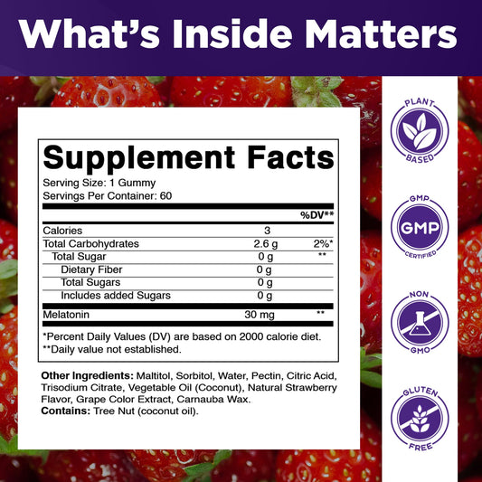 Vitamatic extra strength melatonin gummies natural strawberry flavor supplement details