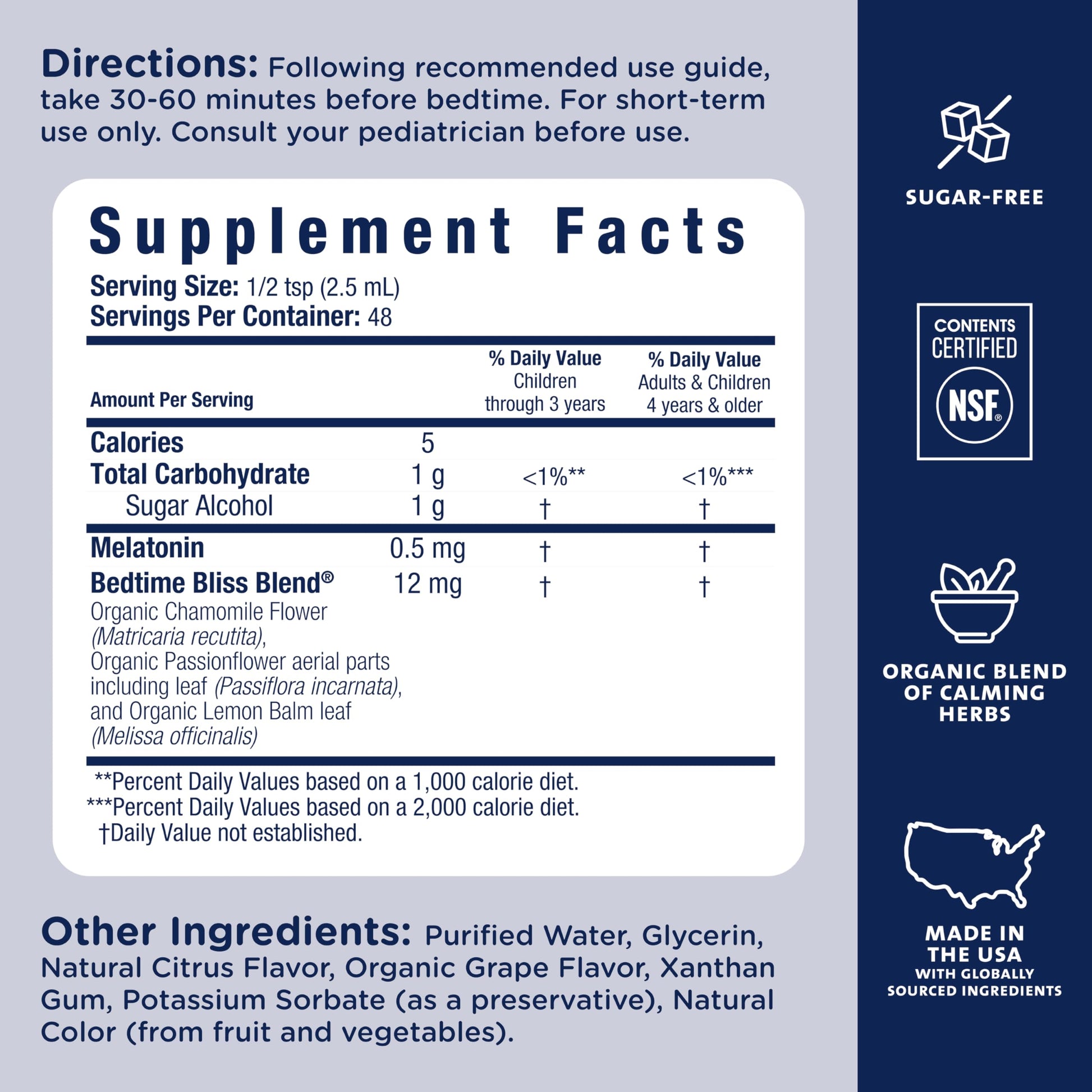 Mommy's Bliss bedtime bliss blend ingredient facts list on the outer carton