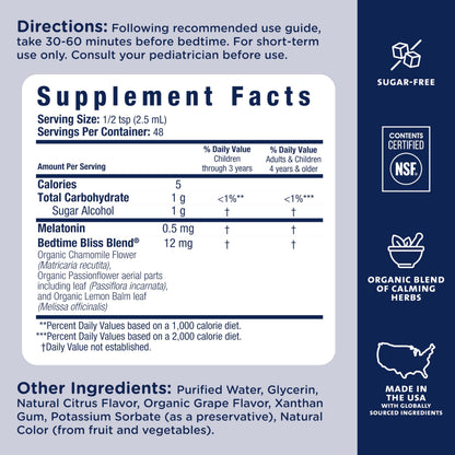 Mommy's Bliss bedtime bliss blend ingredient facts list on the outer carton
