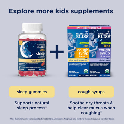 Authentic imported Mommy's Bliss liquid melatonin container highlighting premium allergen free seals