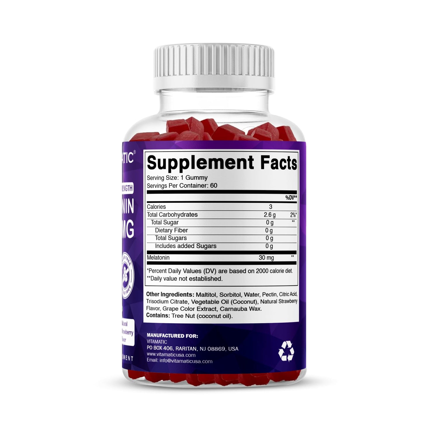 Adult bedtime sleep support chewables by Vitamatic showing child safety cap