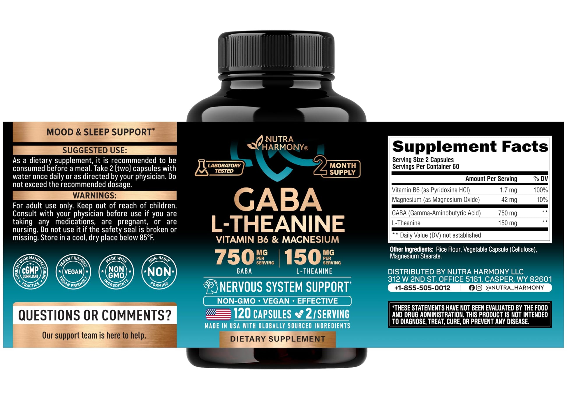 Nutraharmony stress relief supplement showing dietary facts and vegan certification on the label.