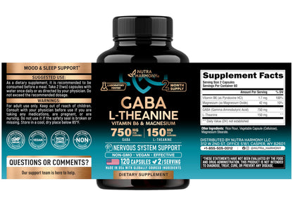 Nutraharmony stress relief supplement showing dietary facts and vegan certification on the label.
